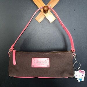 Vintage Kate Spade Mini Bag Brown Canvas with Pink Leather Trim & HelloKitty Tag